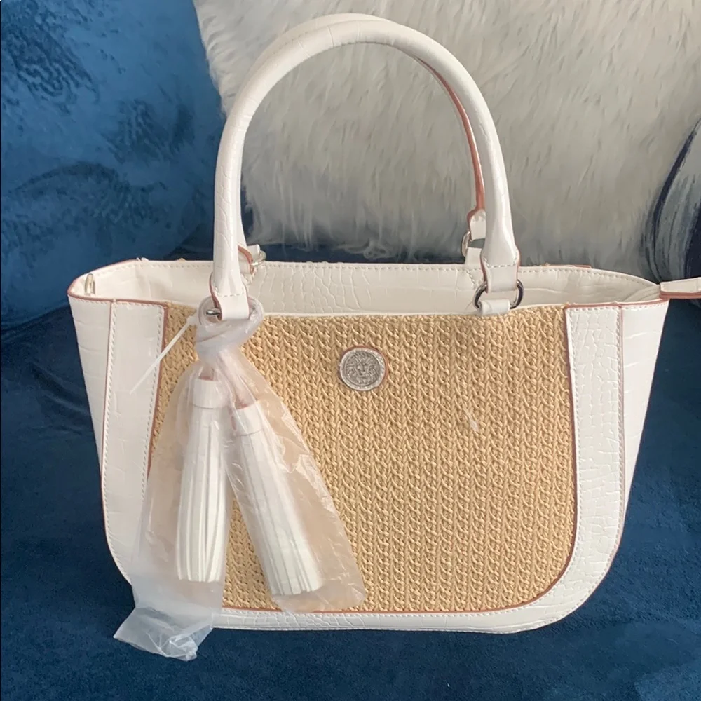 Anne Klein White and Tan Satchel with Chic Tassel with shoulder strap.
